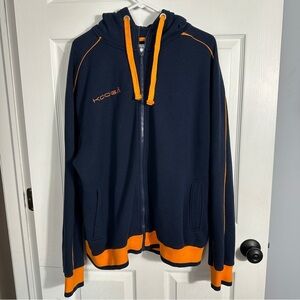 KooGa XL zip up hoodie, navy/orange, pockets, rugby, athletic